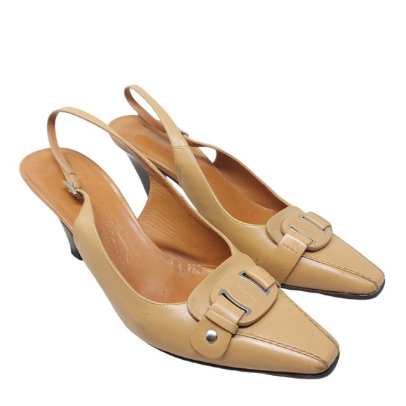 Salvatore Ferragamo Shoes - Salvatore Ferragamo Womens Heels Tan Leather Slingback Mule Horsebit Pumps 7.5